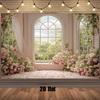 2D Pink Floral Window Backdrop, Romantic Garden View Banner