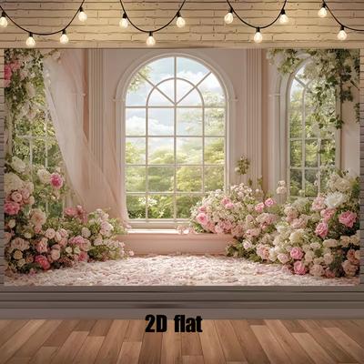 2D Pink Floral Window Backdrop, Romantic Garden View Banner