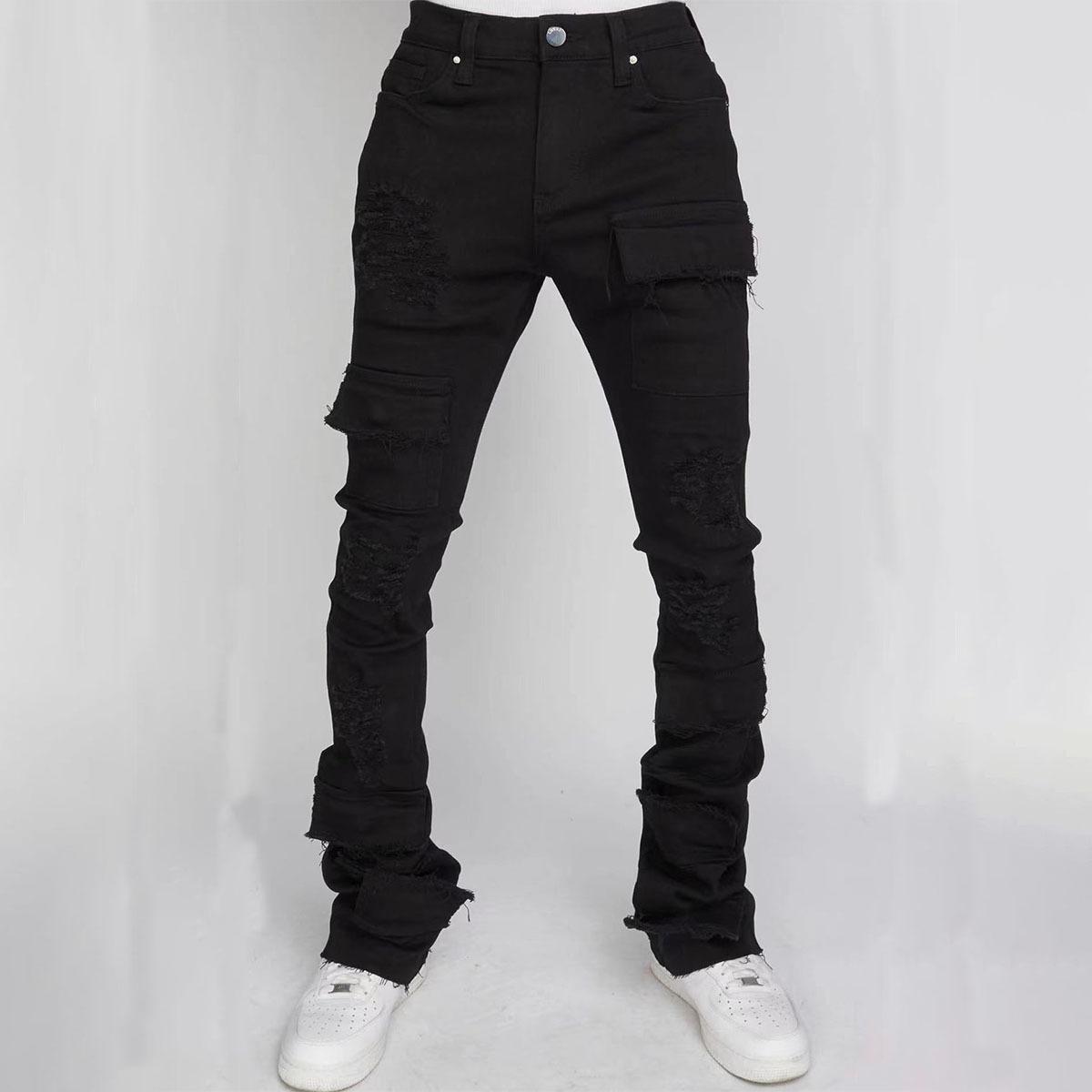 

FlowStreet Men Jeans Long Pant Denim Flare Pants Hole Straight Trousers Slim Fit High Waist Casual Button Pocket Splice Autumn Winter S чёрный