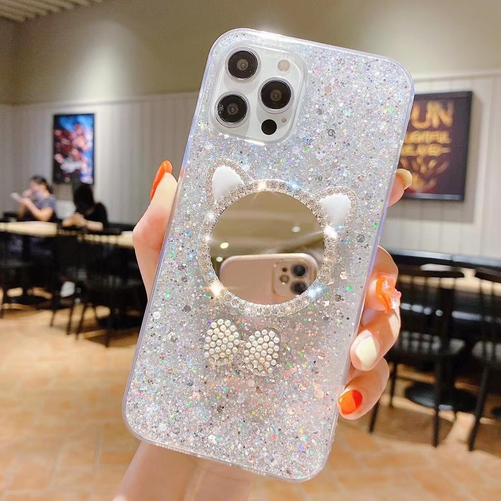 Glitter Sequined Mobile Phone Case Is Suitable For Apple 17Pro Makeup Mirror Wind 15 Rhinestone 16Promax Solid Color 14.