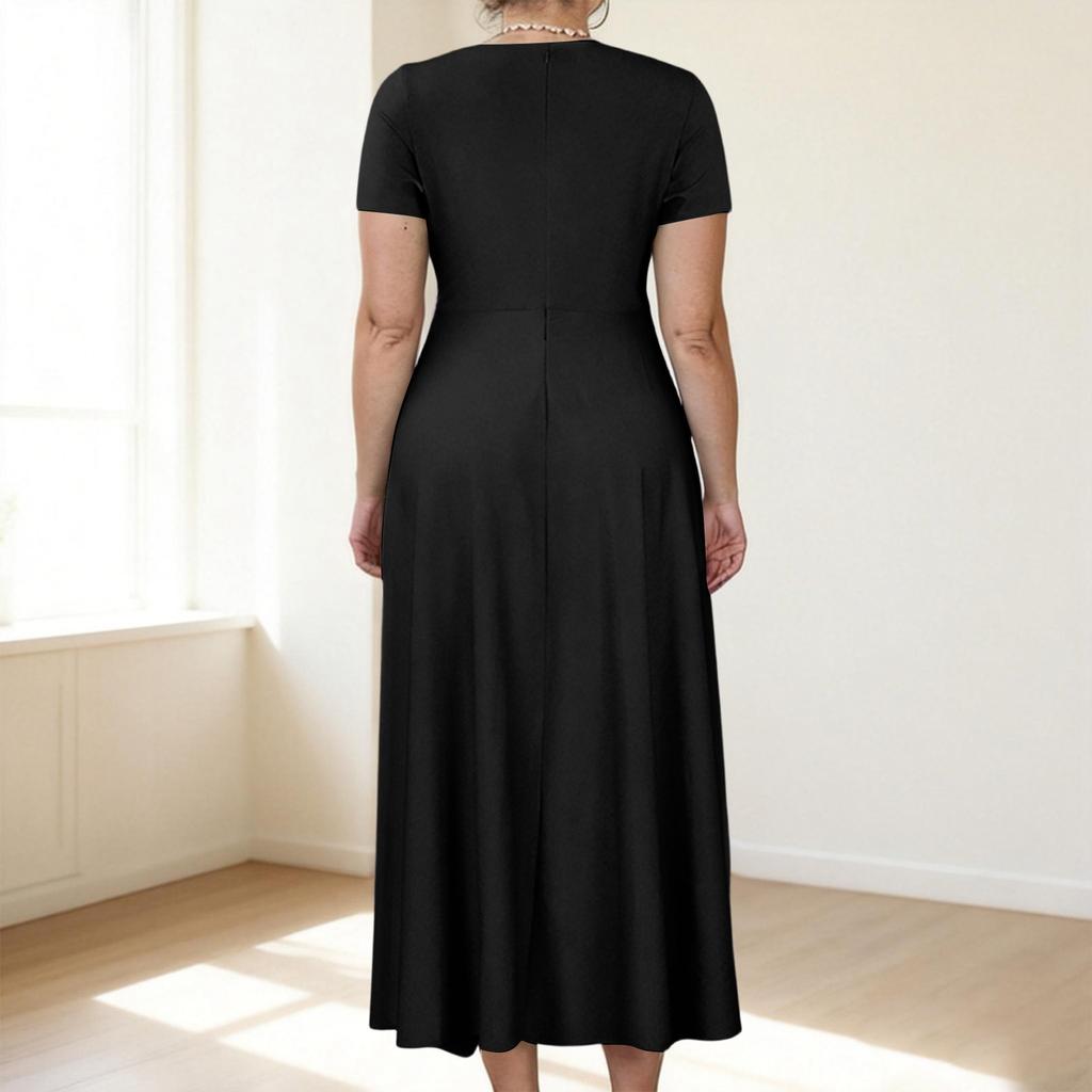Women's Casual Fashion Large Size Color Round Neck Short Sleeve Pocket Straps Swing Dress