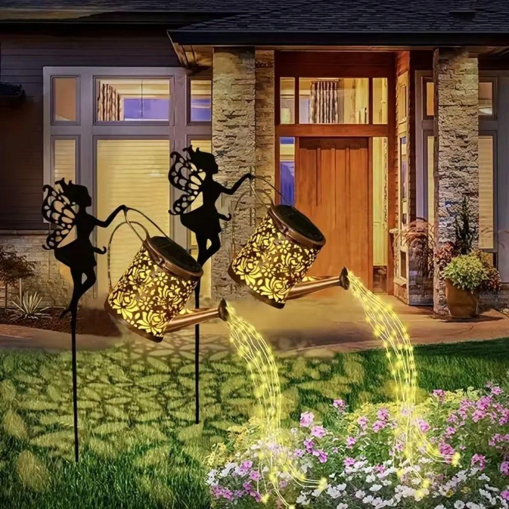 Metal Material Watering Can Lights Solar Powered Vintage Garden Decor Outdoor Yard Decoration