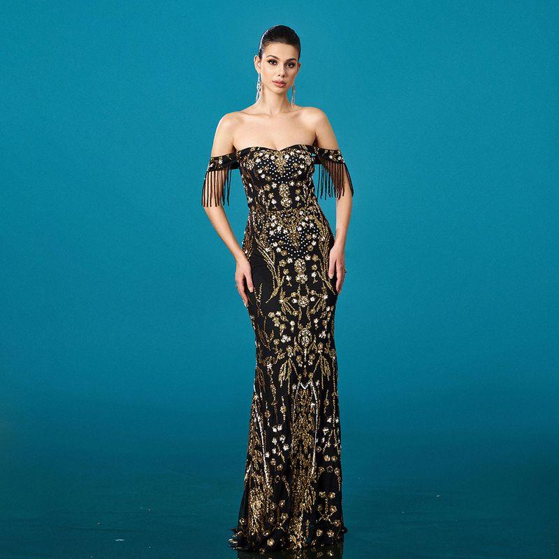 European and American Women s New High-End Tassel Sequin Fishtail Evening Dress Sexy Birthday Dress Long Dress Black gold S