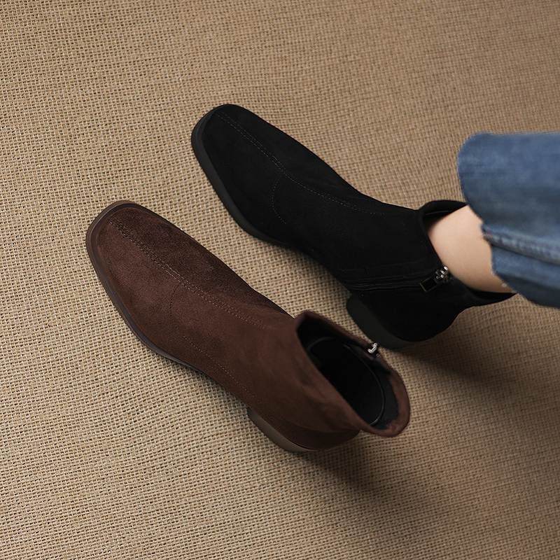 Krazing Pot Flock Round Toe Thick High Heels Chelsea Boots Zip Women Concise Style Ankle Boots