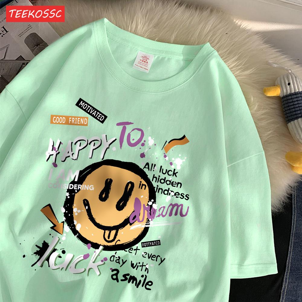 Summer Cotton Women TShirts Fun Graffiti Cute Smiling Face Prints Tees Breathable Loose ONeck Casual Street Female Clothes