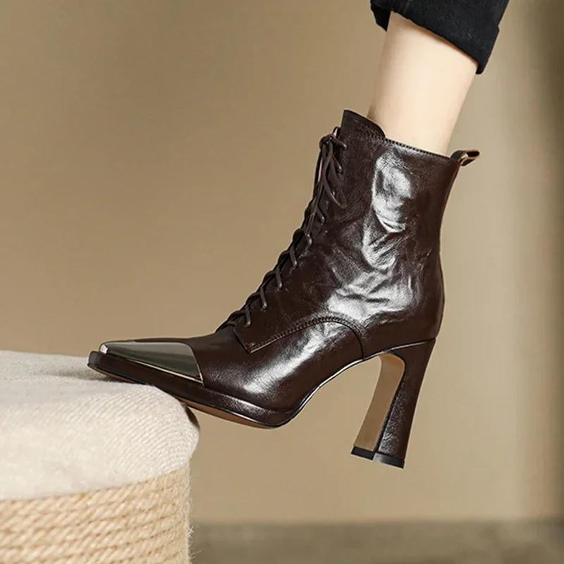 Comemore Spitzschuh Damen Stiefeletten Sexy Hohe Absätze Lederschuhe 2025 Trend Herbststiefel Schnürung Goth Botas Mujer