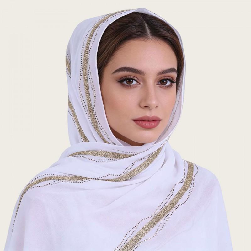 Womens Lightweight Chiffon Scarf With Pearl Embellishment Ethnic Print Wrap Shawl UV Protection Cover Head Accessory Daily Wear Travel