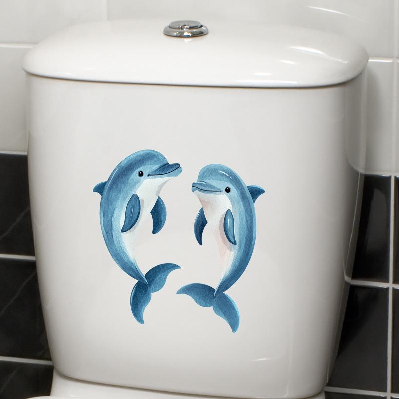 Blue Glow in The Dark Dolphin Toilet Decal Stickers Creative Bathroom Wall Art, Removable Waterproof Vinyl Decor for Home
