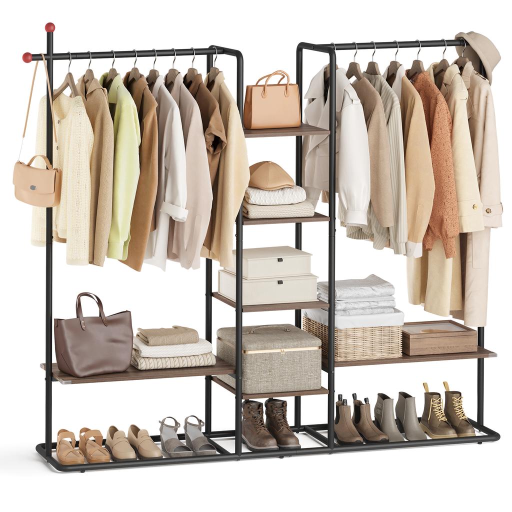 SONGMICS Scaffale porta abiti HOME, Appendiabiti con mensola per scarpe, Scaffale portaoggetti resistente, 6 ripiani portaoggetti, 2 barre appendiabiti, Ganci a forma di fiammifero
