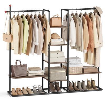 HOME Clothes Rail, Clothes Rack with Shoe Shelf, Heavy-Duty Storage Rack, 6 Storage Shelves, 2 Hanging Rails, Matchstick-Shaped Hooks