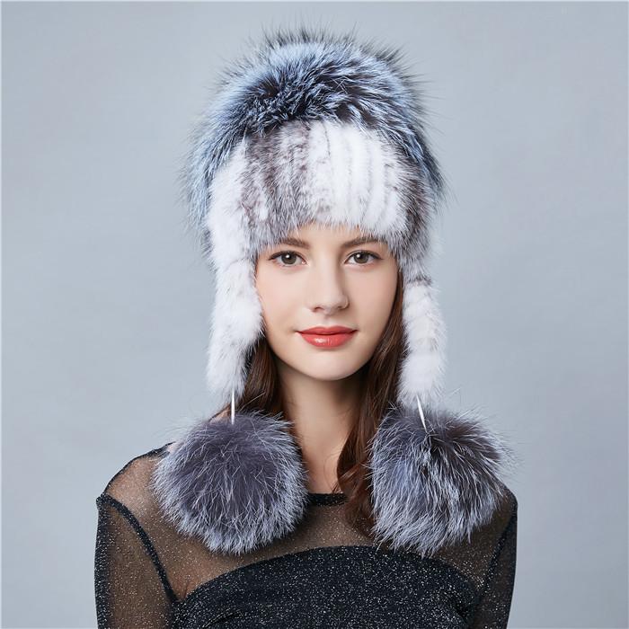 Autumn and winter new women's mink hair hat mink thunder hat ear hat head full silver fox fur ball hat