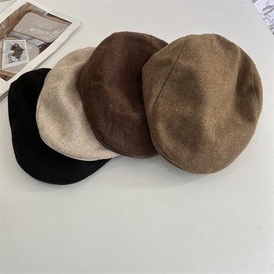 Autumn and Winter Wool Beret Hat Men's Retro Forward Hat Women's Hat Splicing Leather Brim Literary Cap