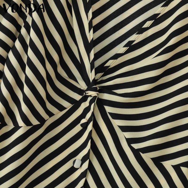 VONDA Summer Women Short Puff Sleeve Twisted Striped Casual Blouse