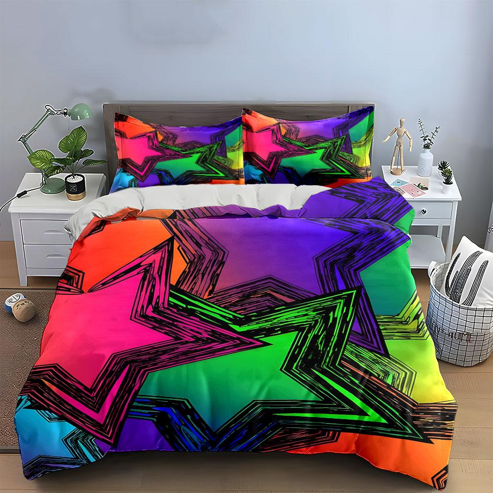 Colorful Star Art Decoration Set Soft Skin-Friendly Bedding Set Includes 1 Duvet Cover And 2 Pillowcase Gift