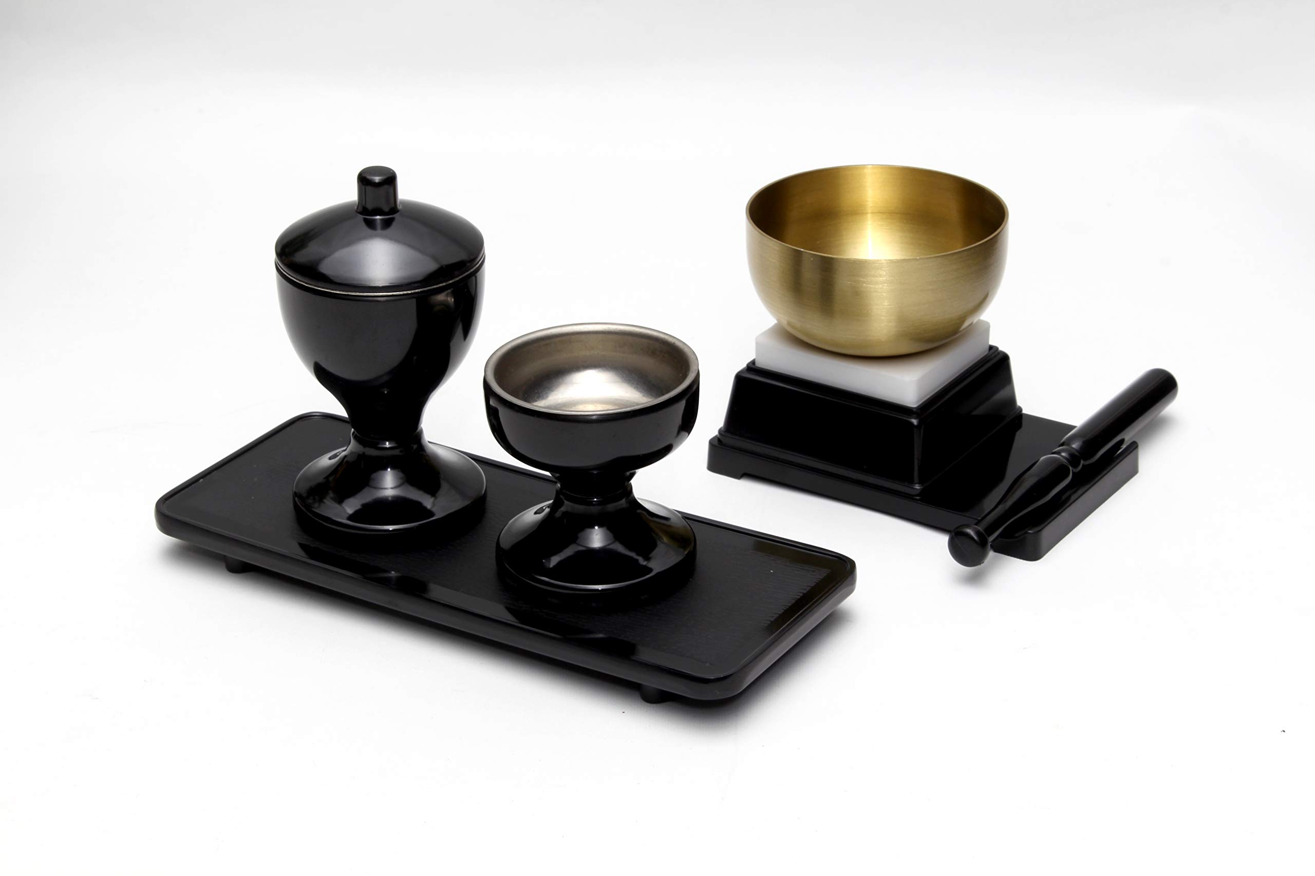 

Soka Gakkai 4-piece set including water container, rice container, tray, and bell, black, perfect for a mini or compact Buddhist altar.