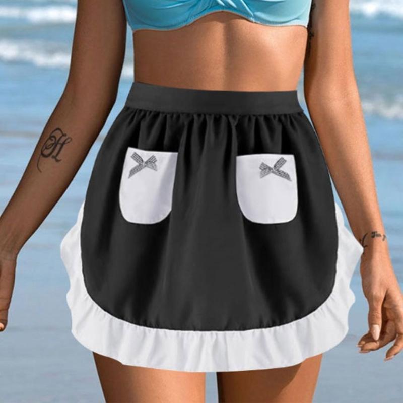 Women Maid Apron Ruffled Waist Apron Halloween Maid Costume Accessories Kitchen Apron with 2 Pocket for Baking Gardening