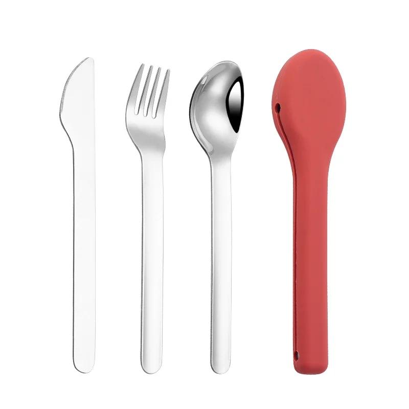 

Portable Reusable Camping Picnic Travel Cutlery Set with Silicone Case, 304 Stainless Steel красный