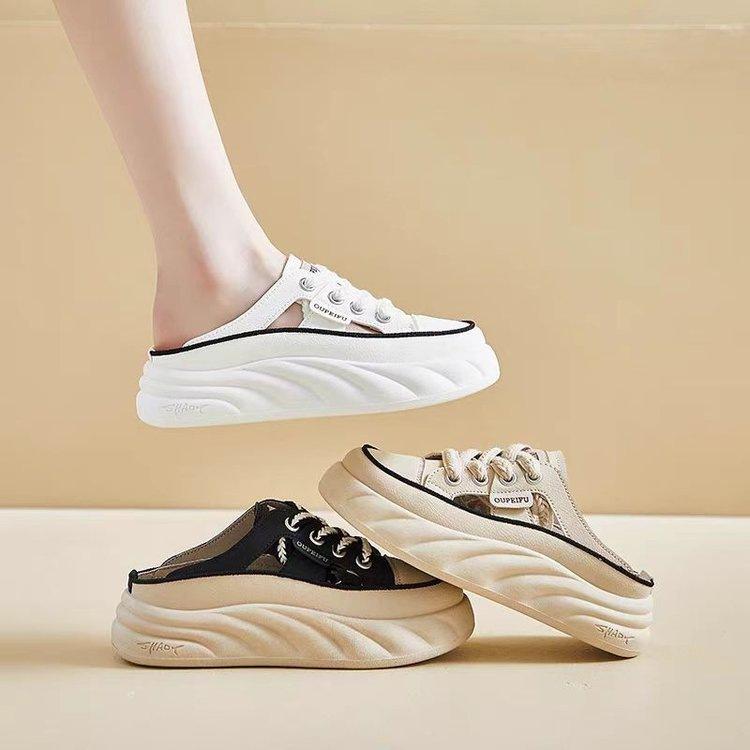 Baotou slippers summer outer wear women's 2025 new breathable popular thick-soled white shoes lazy one pedal half slippers