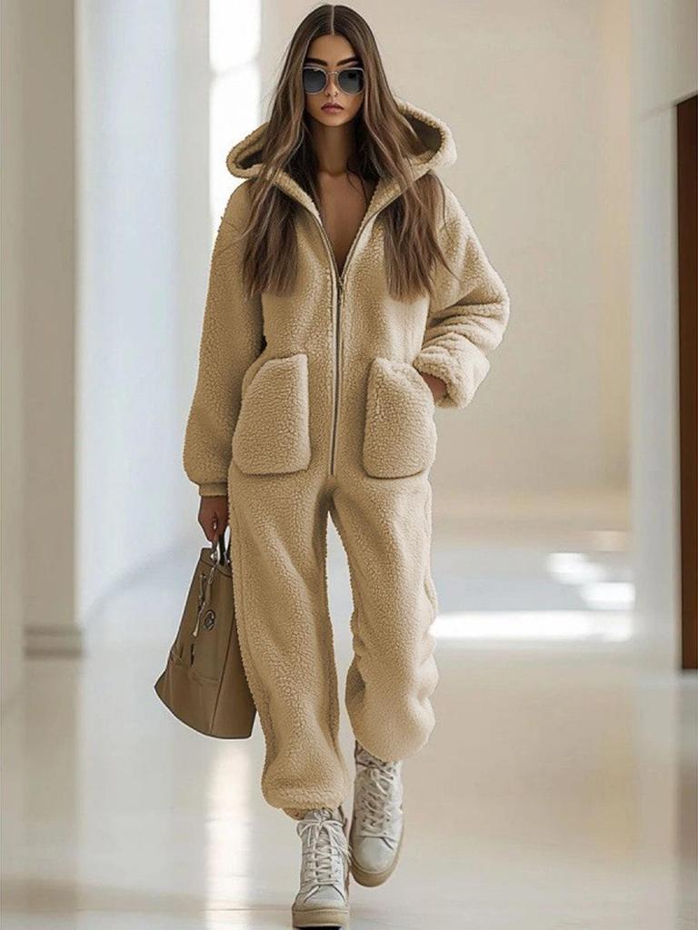 2025 Lambswool Hooded Zipper Jumpsuit: Winter Fashion