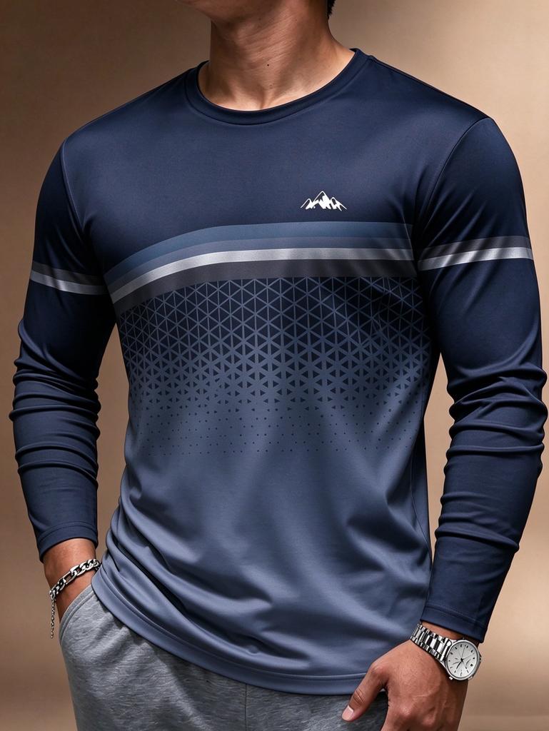 2026 Einfaches Herren-Streifen-Gradient-T-Shirt Herbst Outdoor Mode Langarm-Oberteile Übergroße Langarm-T-Shirts Herrenbekleidung