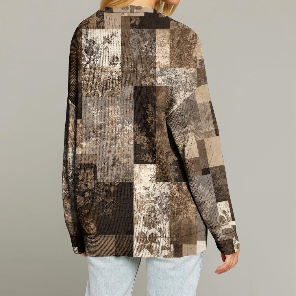 Women's Fashion Long Sleeve Print V-Neck Button Loose Cardigan Top