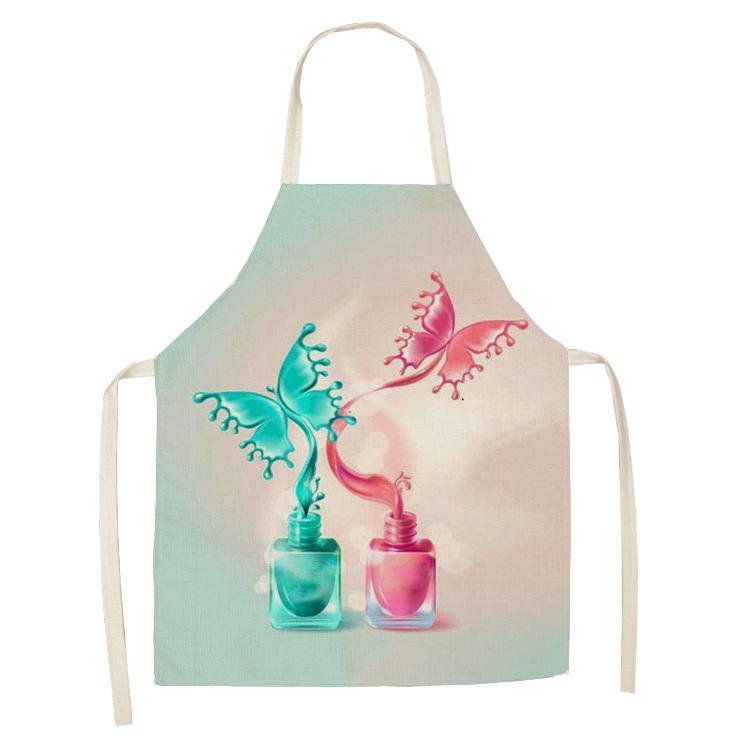 New Linen Colorful Nail Polish Cosmetics Theme Print Kitchen Aprons Unisex Dinner Party Cooking Bib Funny Cleaning Apron Barber