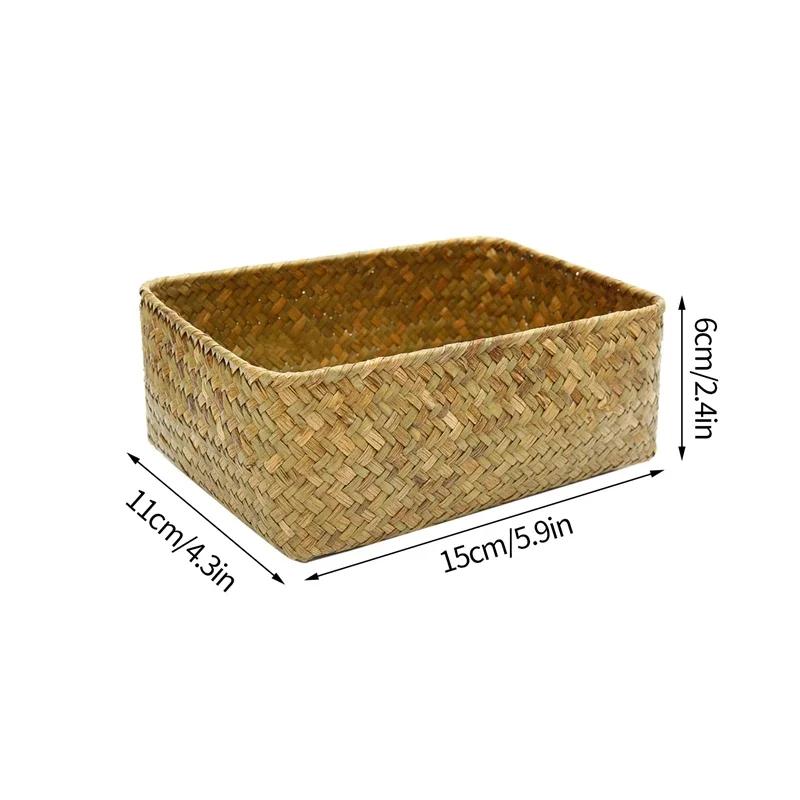 Handmade Woven Seagrass Storage Basket Desktop Straw Rattan Organzier Picnic Storage Box Desk Cosmetic Fruit Sundries Container