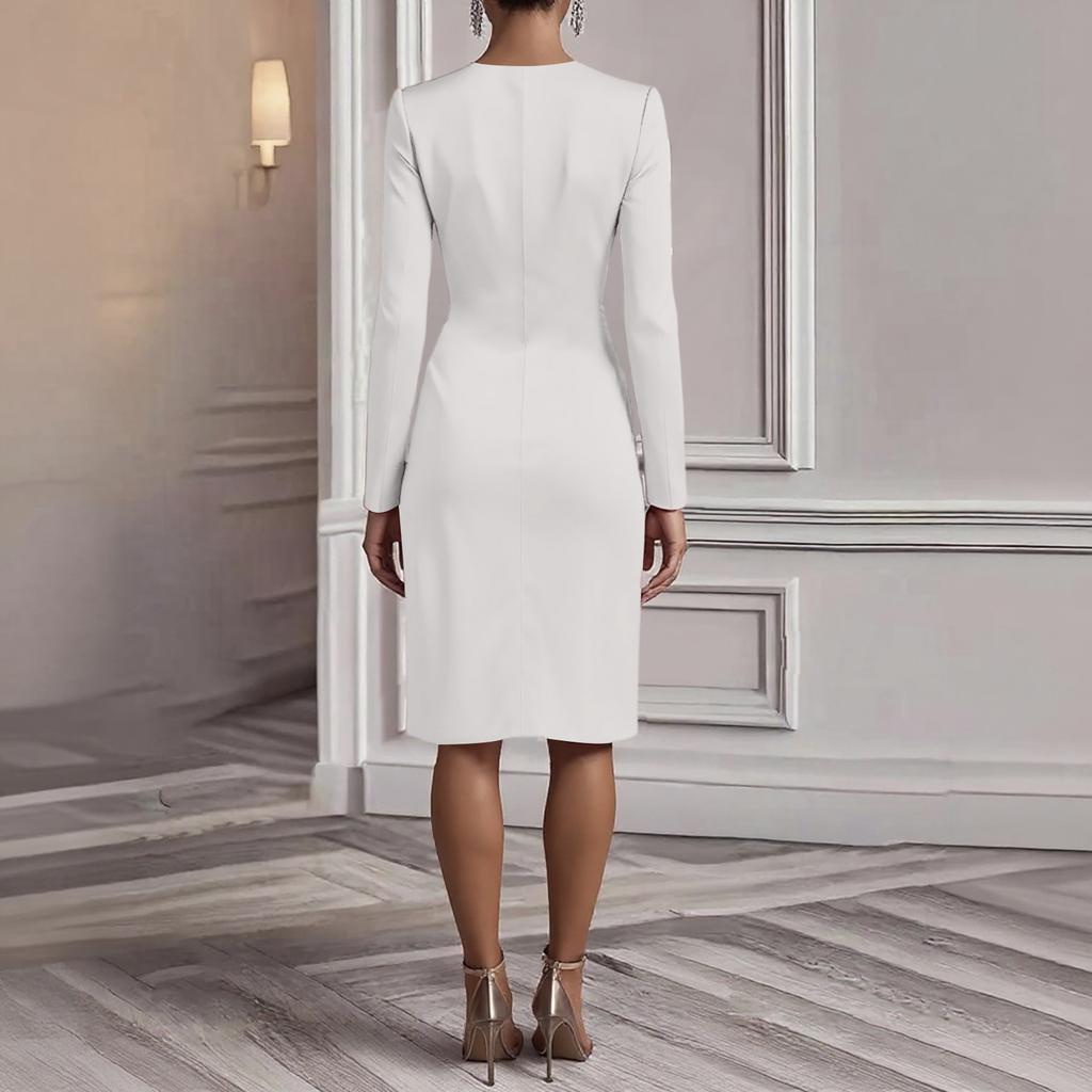 Damen Einfarbiges Bodycon Rock Langärmlig V-Ausschnitt Plissiertes Design Sinn Kleid