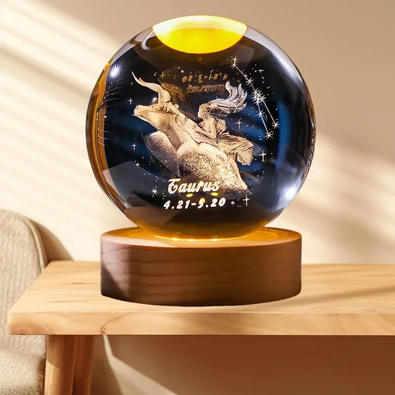 12 Constellation Crystal Ball with LED Office Decoration Sphere Stand Holder Laser Engraving Glass Ball Birthday Gift Souvenir