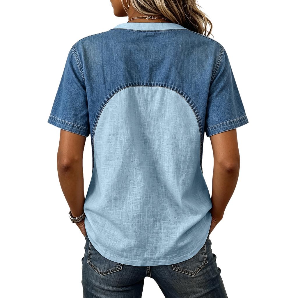 Top da Donna Scollo a V Manica Corta Patchwork di Denim Vestibilità Larga T-shirt Casual Dettaglio Bottoni Camicetta Estiva