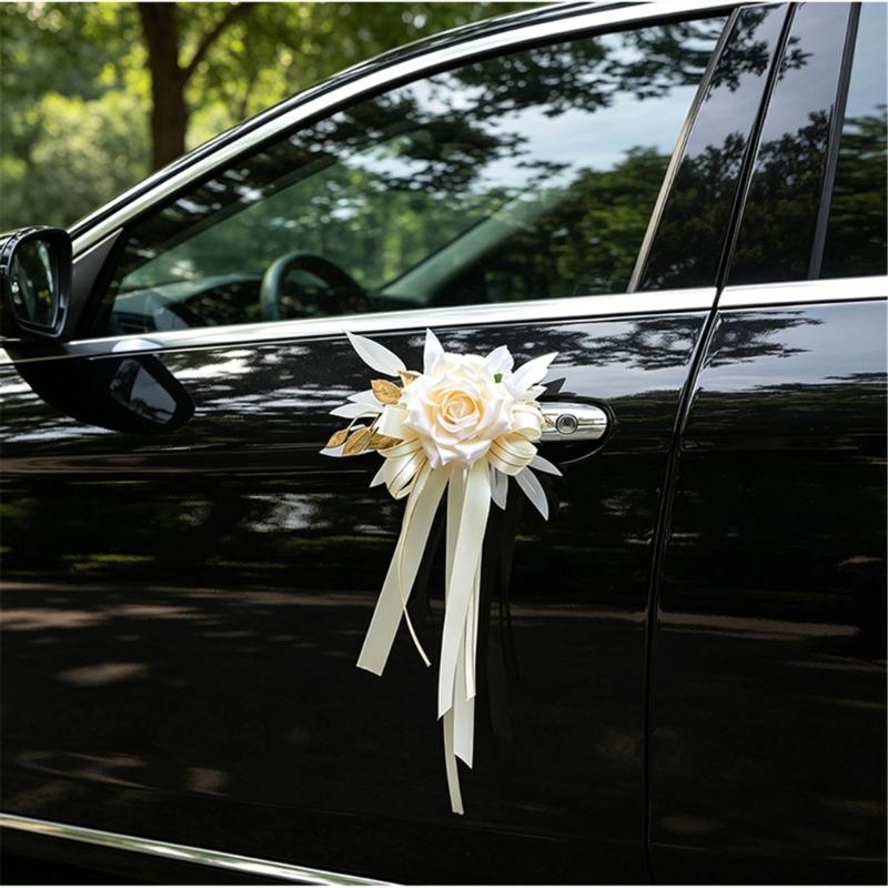 Ceremony Vehicle Handle Flower Ornament with Rose and Suction Cup for Wedding Car Styling and Photo Use