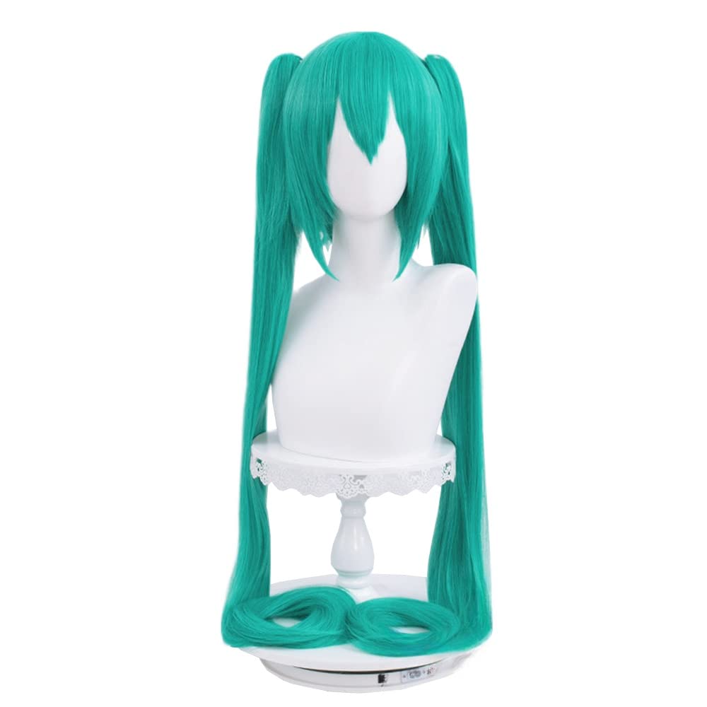 Cosplay Wig, Long, 110cm, Twin Tails, Emerald GreenBlue-Green, Wig Net Included (Leek Green)
