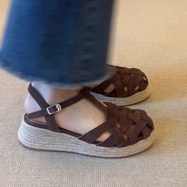 2025 New Summer Popular Retro Style Cross Belt Bag Head Slope Heel Not Tired Feet Super Soft Roman Sandals Women's Outer Wear