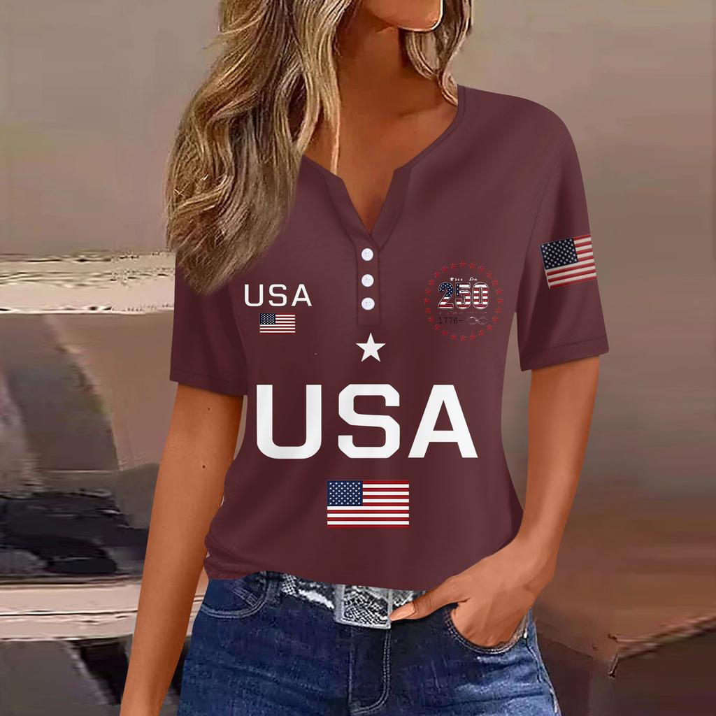 Damen-T-Shirt mit Aufdruck „Unabhängigkeitstag“ und Knopfleiste, kurzärmelig, für den Alltag und das Wochenende, modisch, Basic, V-Ausschnitt, normales Oberteil