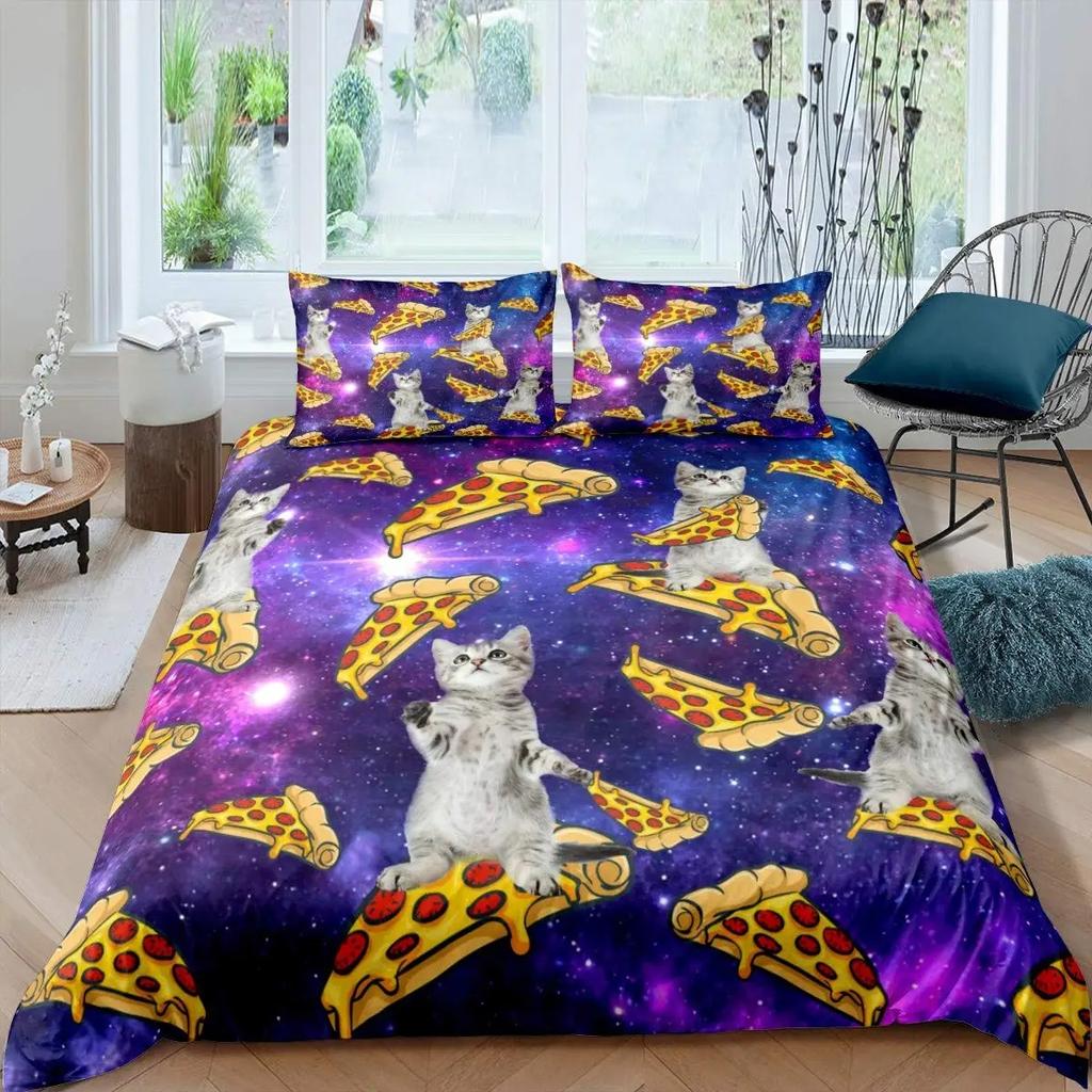 Galaxy Cat Duvet Cover Set Microfiber Universe Galaxy Bedding Set Cute Kitten Comforter Cover Outer Space Planets Quilt Cover