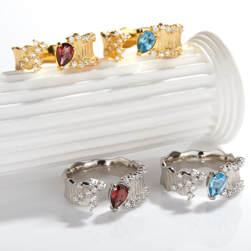 Personalized Fashion S925 Sterling Silver Natural Colored Treasure Garnet Topaz Ring Women'S Brushed Effect Open Ring