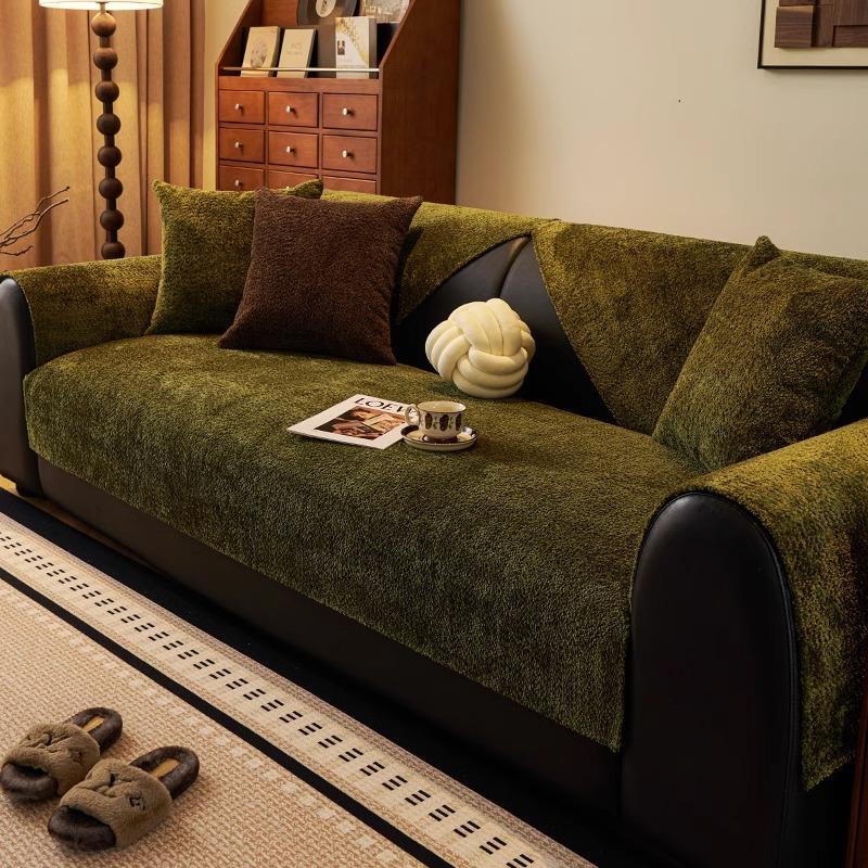 Sofa Cushion Winter Plush Non-Slip Medium Antique Dark Green Retro Advanced Sense Straight Row Sofa Seat Cushion Sofa Cover Towel