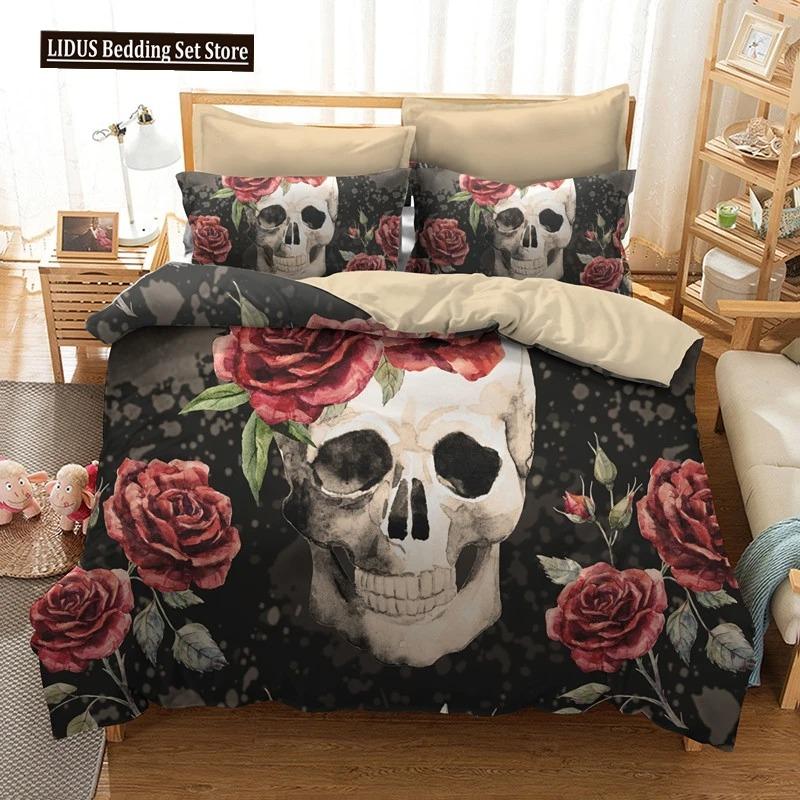 Sugar Skull Duvet Cover Set Queen Size Flowers Skeleton Bed Linen Double Bedding Set With Pillowcase King Size Skull Quilt Cover