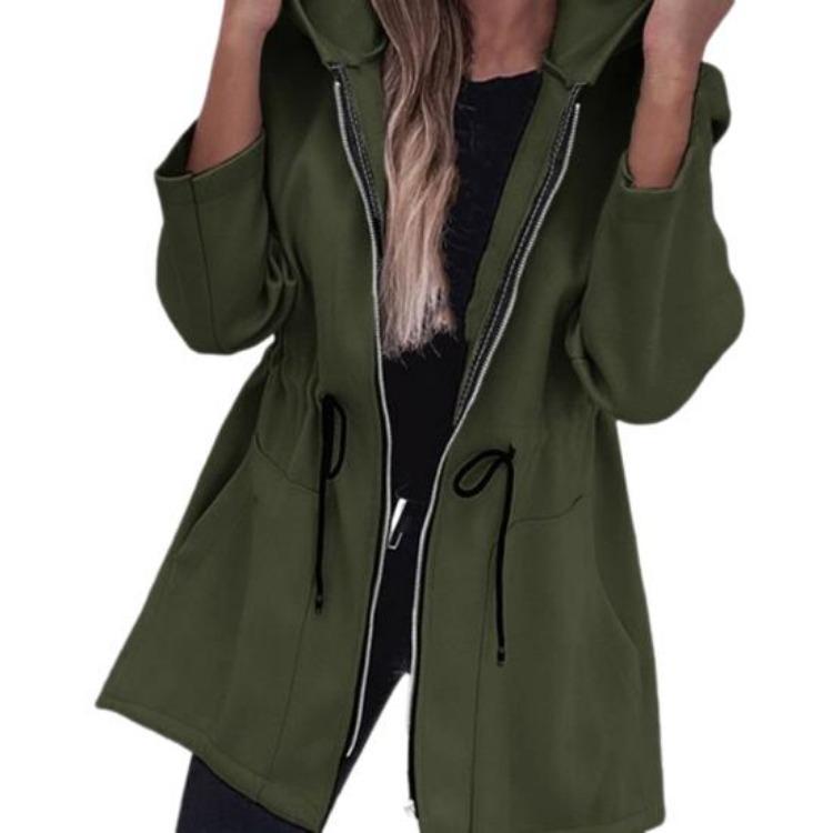 Women Windbreaker Jacket Hooded Thermal Long Sleeve Solid Color with Drawstring Waist Large Pockets Zipper Closure