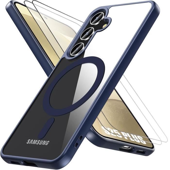 Coque + 2 Verres Trempés pour Samsung Galaxy S25 Plus (Galaxy S25+) Protection avec Anneau Magnétique, Antichoc Bleu Marine