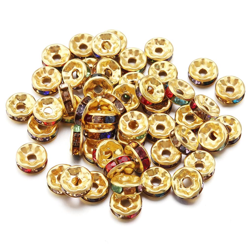 50pcs/lot Colorful Metal Round Rhinestone Rondelle Crystal Beads Loose Spacer Beads For Jewelry Making DIY Bracelet Necklace