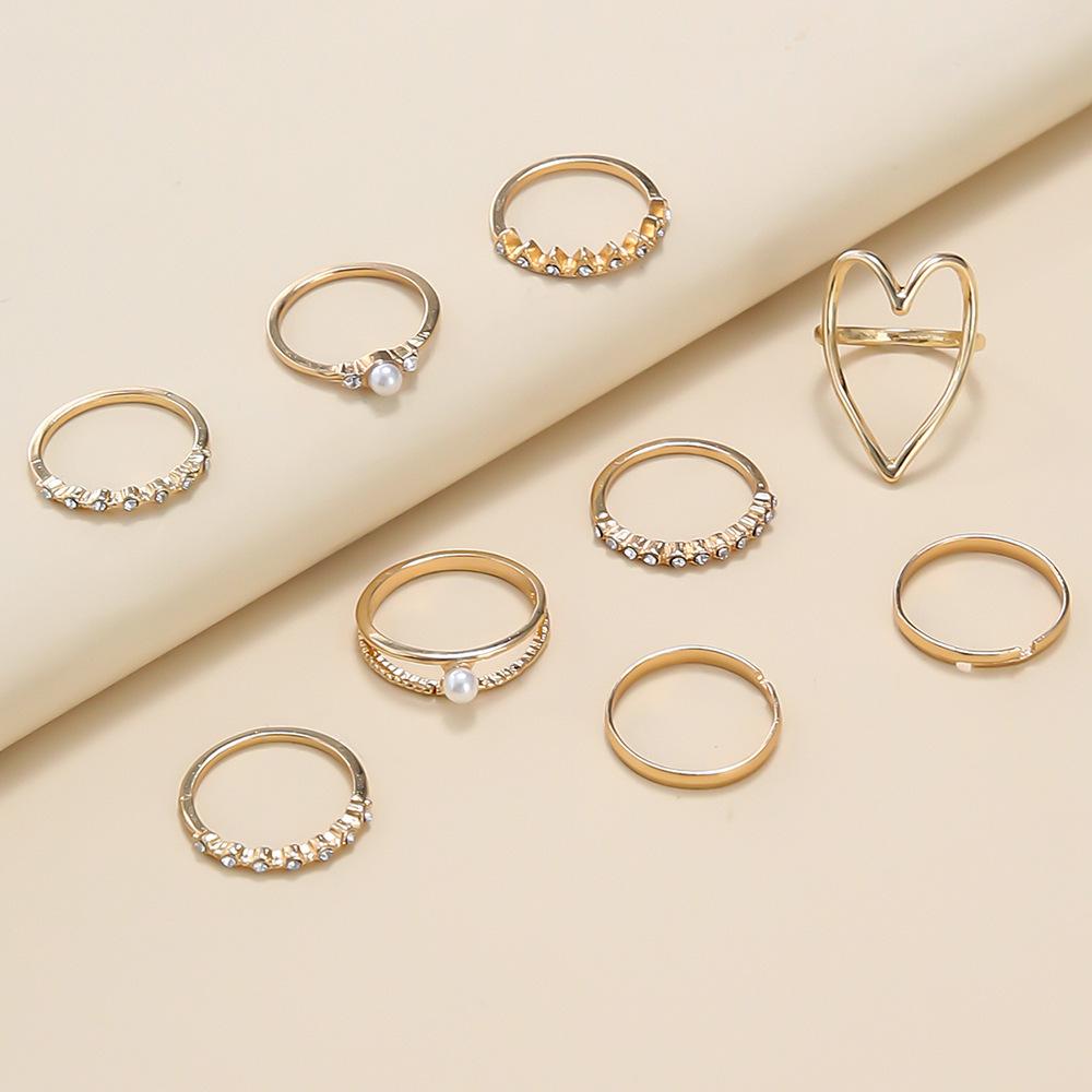 Fashion Temperament Full Of Diamond Rings, Personalized Love Pearls 9-Piece Ring Women