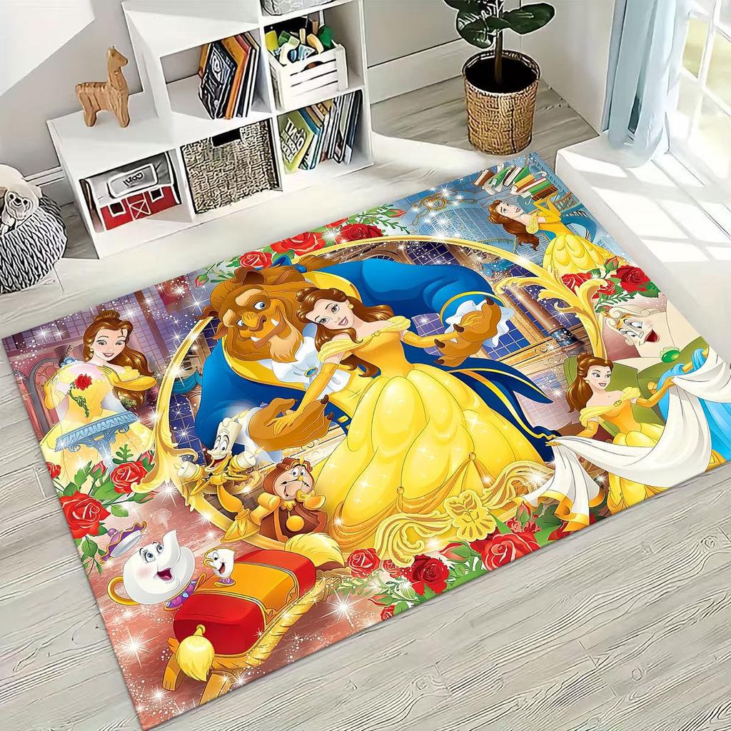 3D Lovely Beauty and The Beast Cartoon Rug for Bedroom Living Room Sofa Home Doormat Decor, Large Kids Play Non-slip Floor Mat