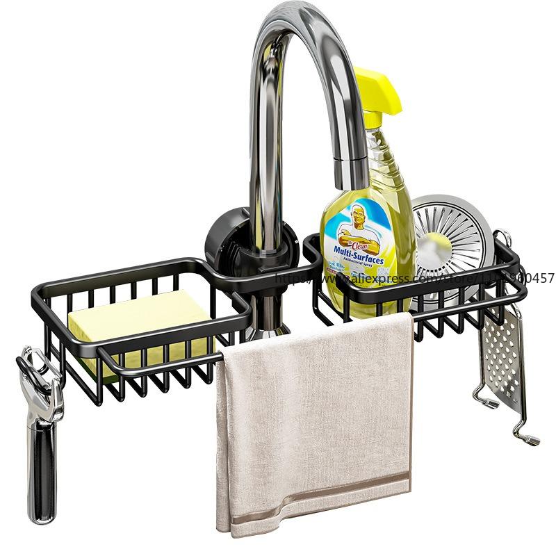 Kitchen Storage Rack Faucet Shelf Gold Non-punching Space Aluminum Pool Sponge Rag Drain Hanging Basket