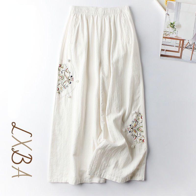 Summer Ladies Cotton Linen Casual Pants Retro Ethnic Wind Embroidered Wide-legged Pants Thin Nine-point Pants