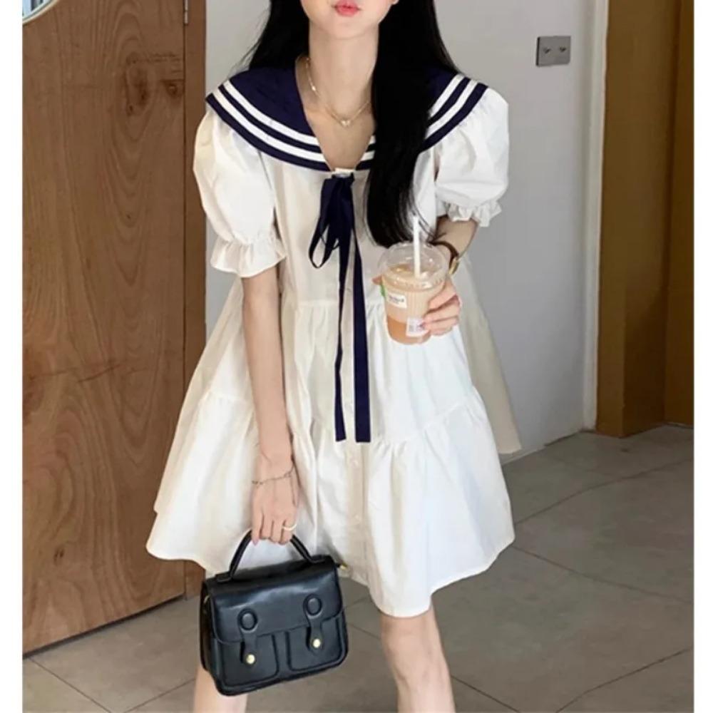 

Платье в полоску с короткими рукавами и воротником темно-синего цвета, женское летнее, милое, свободное, облегающее, в стиле колледжа XL белый