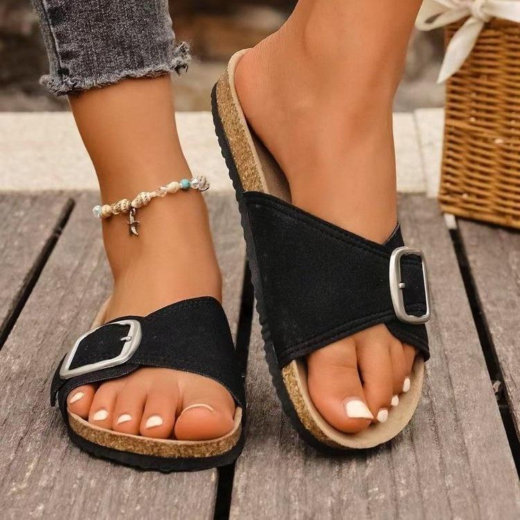 European and American fashion belt buckle open-toed cool slippers women's foreign trade thick-soled muffin slippers women's shoes large size Xia Xin