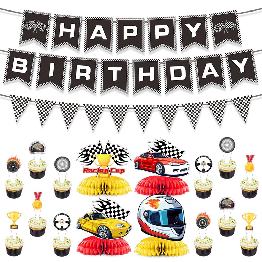 Children'S Birthday Party Arrangement Decoration Racing Theme Black And Red Flag Cake Plugin Honeycomb