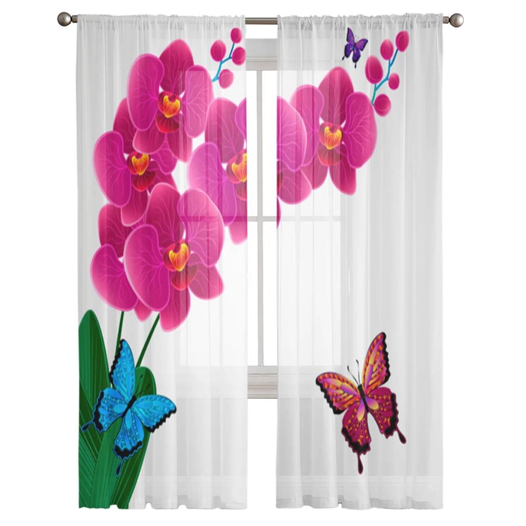 Flower Pink Orchid Reflection Sheer Curtains for Girl Kids Bedroom Kitchen Window Drapes Curtain Home Decoration