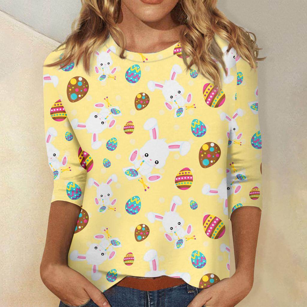 Damska koszula wielkanocna z rękawem 3/4, okrągły dekolt, luźny krój, codzienna koszula